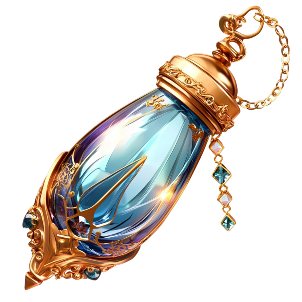 Exquisite blue glass perfume bottle intricate golden details showcasing luxurious vintage fragrance istic beauty png