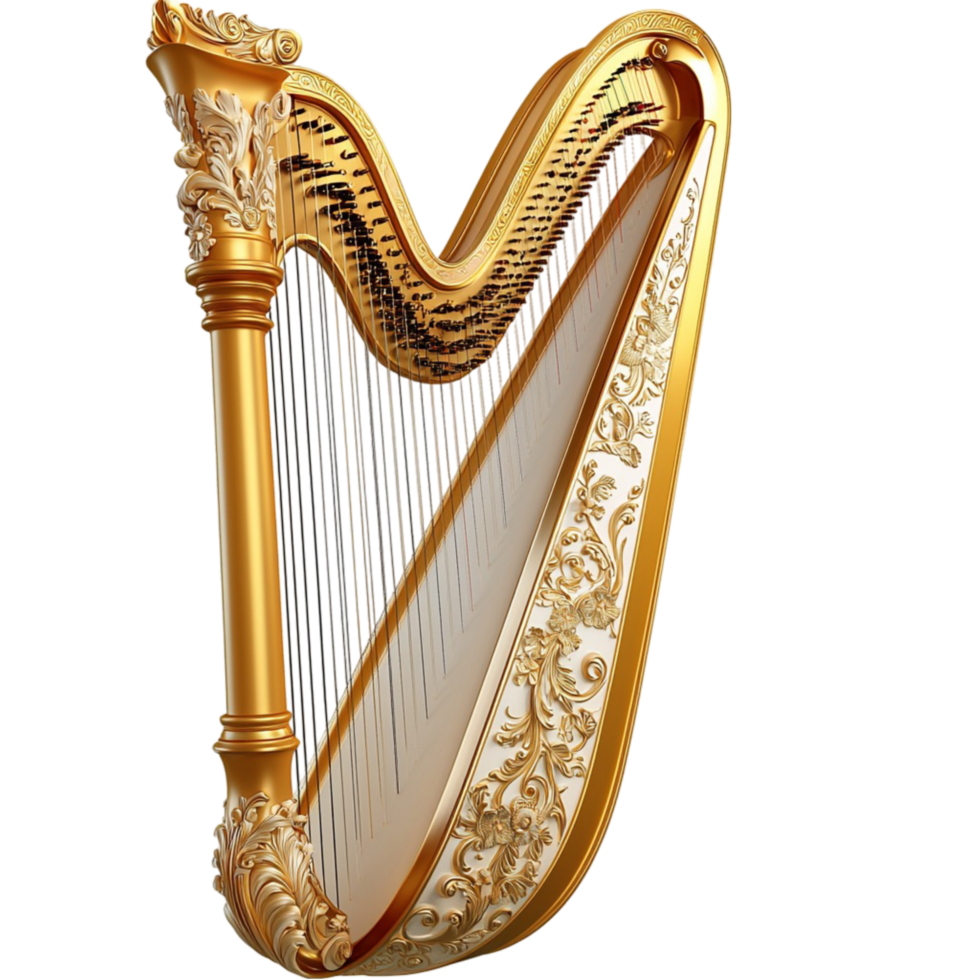 Ornate golden harp fine strings detailed craftsmanship symbolizing classical music istic mastery png