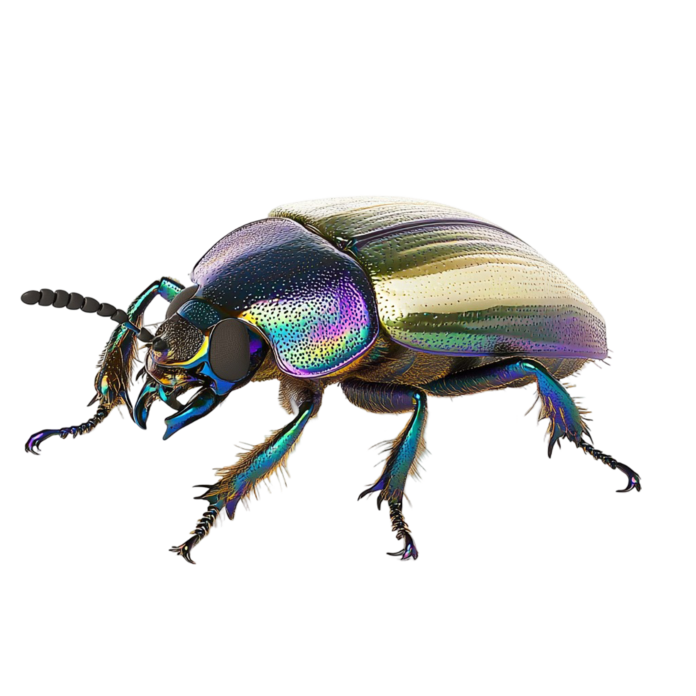 Shiny iridescent beetle vibrant metallic colors sting on a white surface looking realistic detailed png