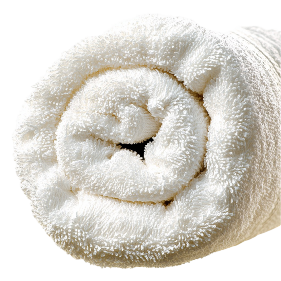Soft neatly rolled white towel symbolizing relaxation comfort luxurious spa treatment experiences png