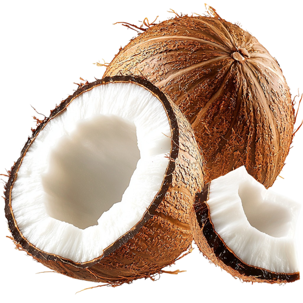 Whole split coconut showcasing rough outer shell juicy white flesh symbolizing tropical isl life png