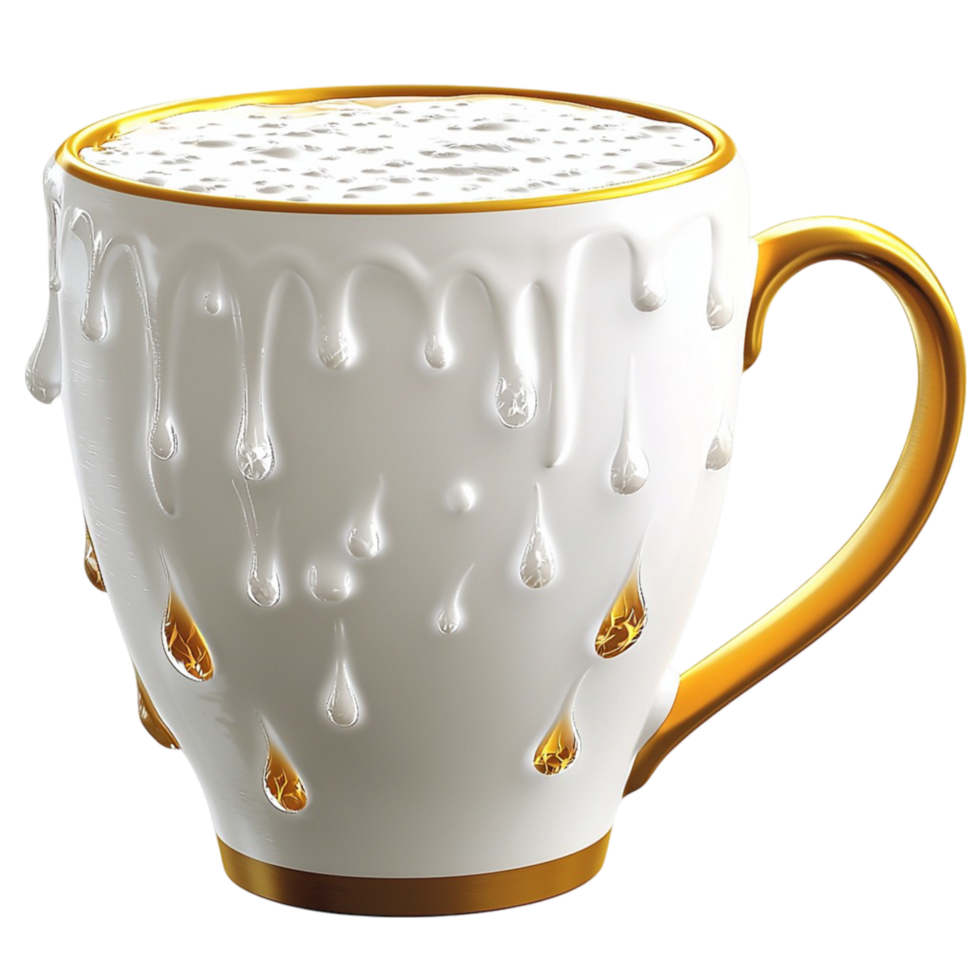 Stylish ceramic coffee cup with golden drips elegantly designed for enjoying warm beverages in a sophisticated setting effortlessly png