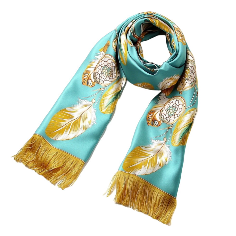 Stylish silk scarf with intricate blue and gold patterns designed for elegant fashion and sophisticated classic accessories effortlessly png