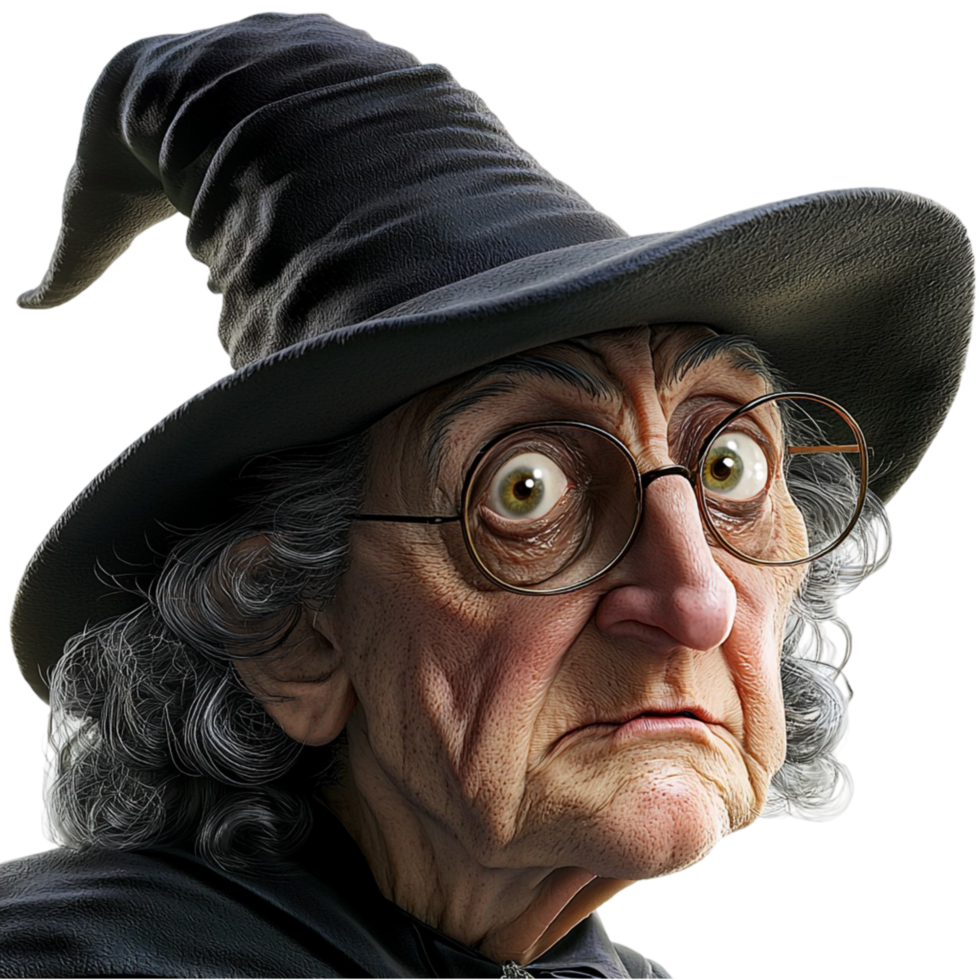 Mysterious old witch with a wrinkled face and pointy hat showcasing magical wisdom and enchanting dark fantasy themes png