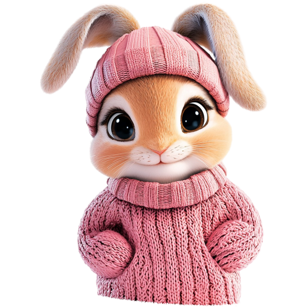 Cute bunny wearing a pink winter sweater standing cheerfully with a cozy warm expression in a festive setting png
