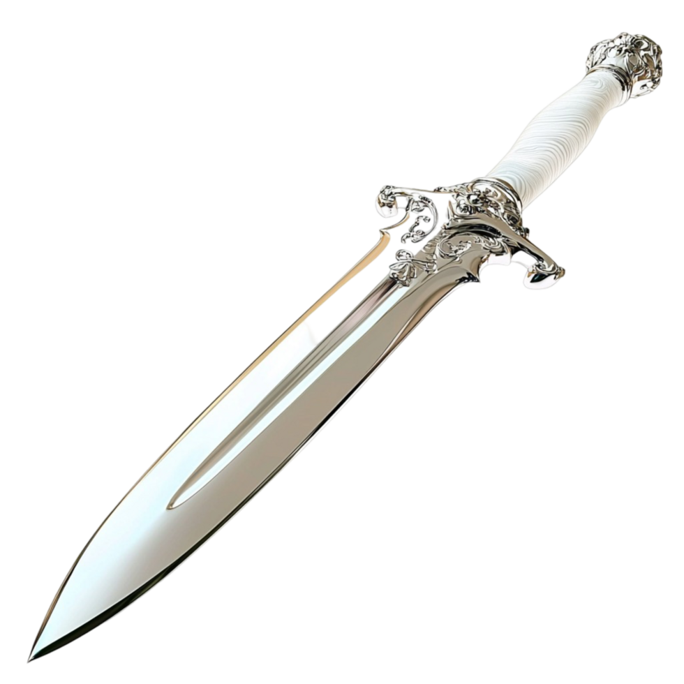 Ornate silver sword with a sharp steel blade and an intricately detailed golden hilt png