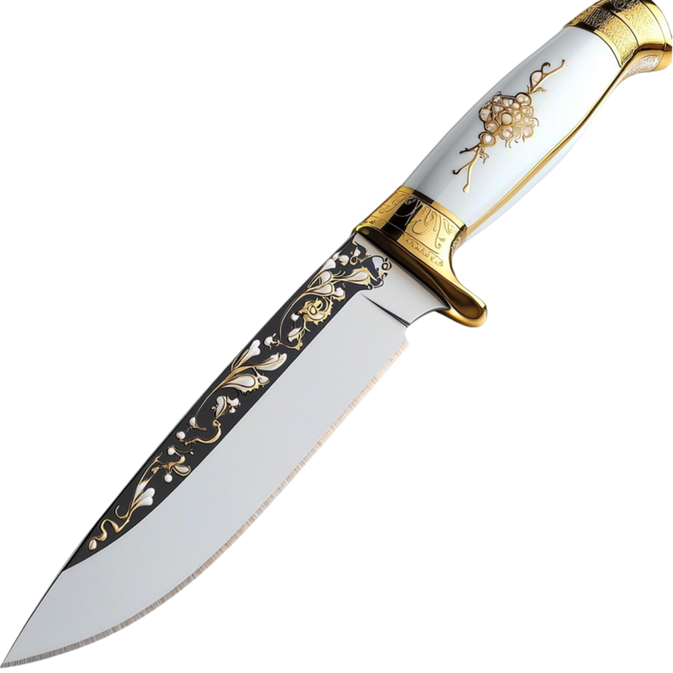Vintage silver knife with an intricately engraved handle and a sharp blade placed on a table png