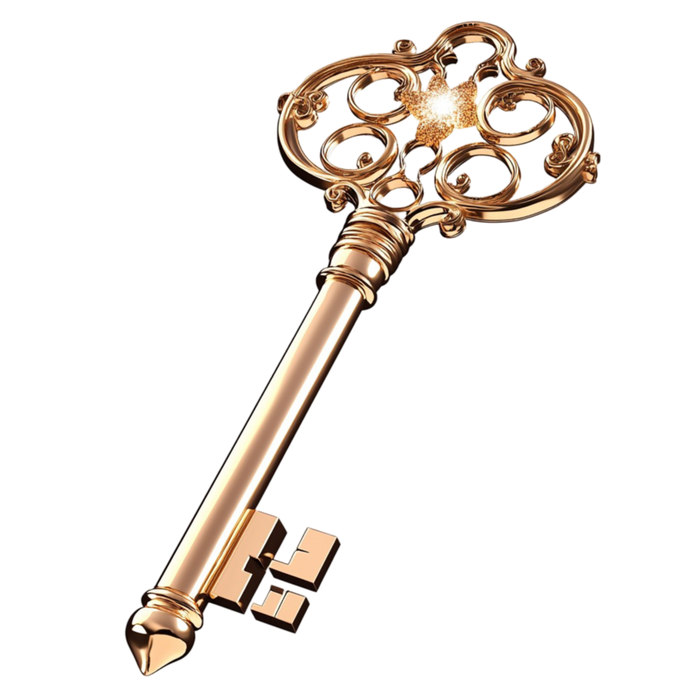 Antique golden key with an intricate decorative handle and a sturdy metal shaft for unlocking png