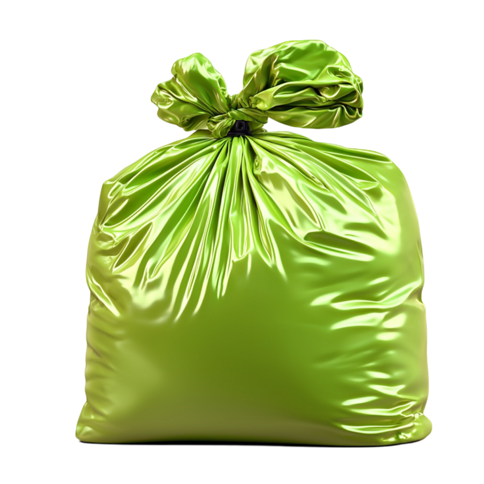 Shiny green gift bag with a tied ribbon at the top placed on a white isolated surface png