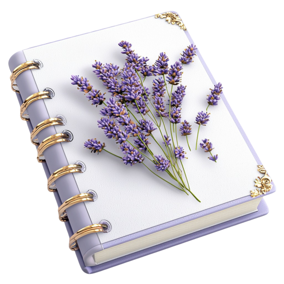 Stylish lavenderthemed spiral notebook with decorative flowers and a goldembossed cover for journaling png