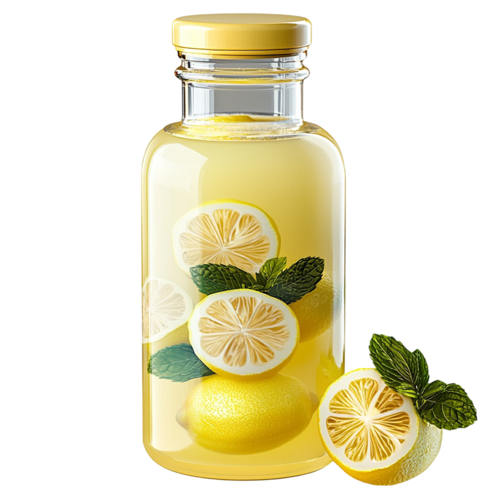 Glass bottle filled with fresh lemonade with floating lemon slices and mint leaves for refreshment png