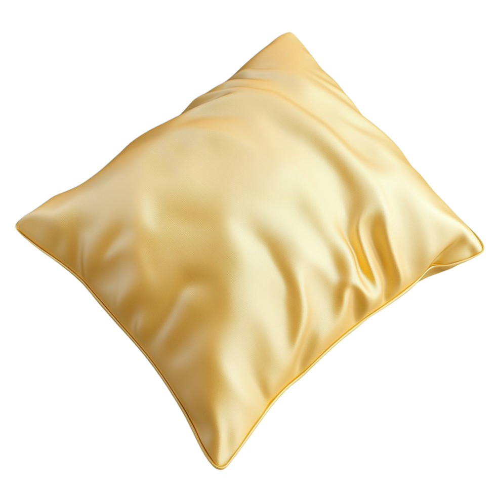 Soft golden decorative pillow silky smooth fabric neatly stitched edges placed neatly png
