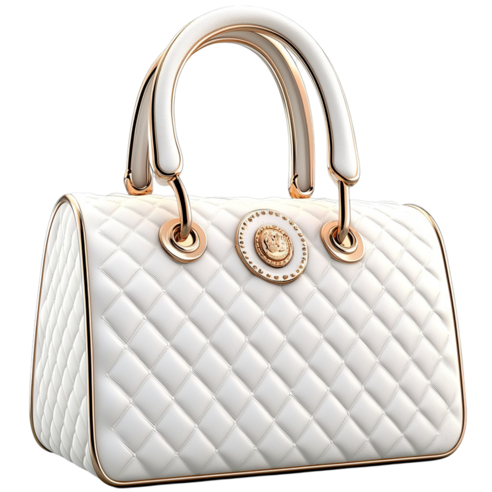 Stylish white leather handbag with gold accents and a quilted design standing upright for display png