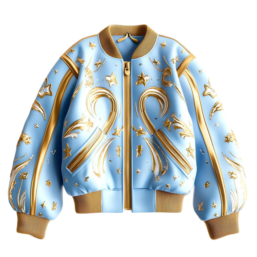 Stylish blue and gold bomber jacket with intricate embroidered patterns displayed neatly on a hanger png