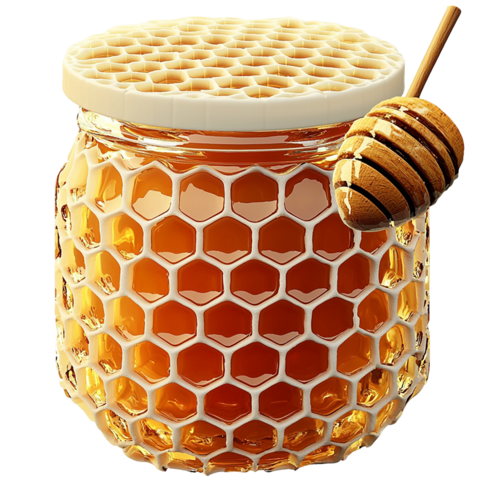 Honeycomb with a golden dripping texture and a small wooden dipper covered in sweet honey png