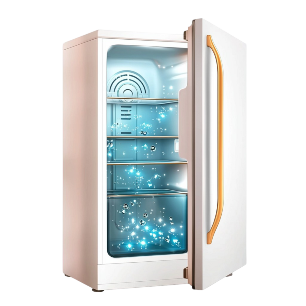Modern refrigerator with a glass door filled with icecold drinks and neatly arranged fresh groceries png