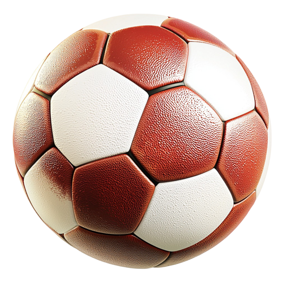 Classic red and white soccer ball with a glossy surface and distinct pentagonal patterns png