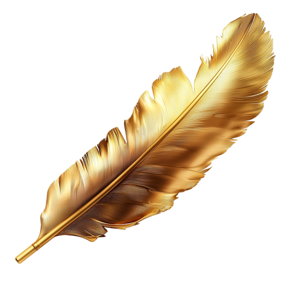 Stylish goldplated quill feather with detailed textures and a smooth luxurious finish png