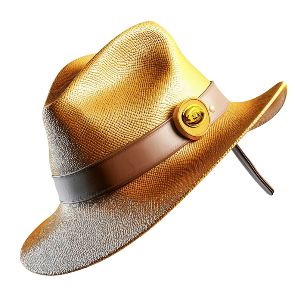 Cowboy hat made of brown leather with a stylish curved brim and a golden decorative pin attached png