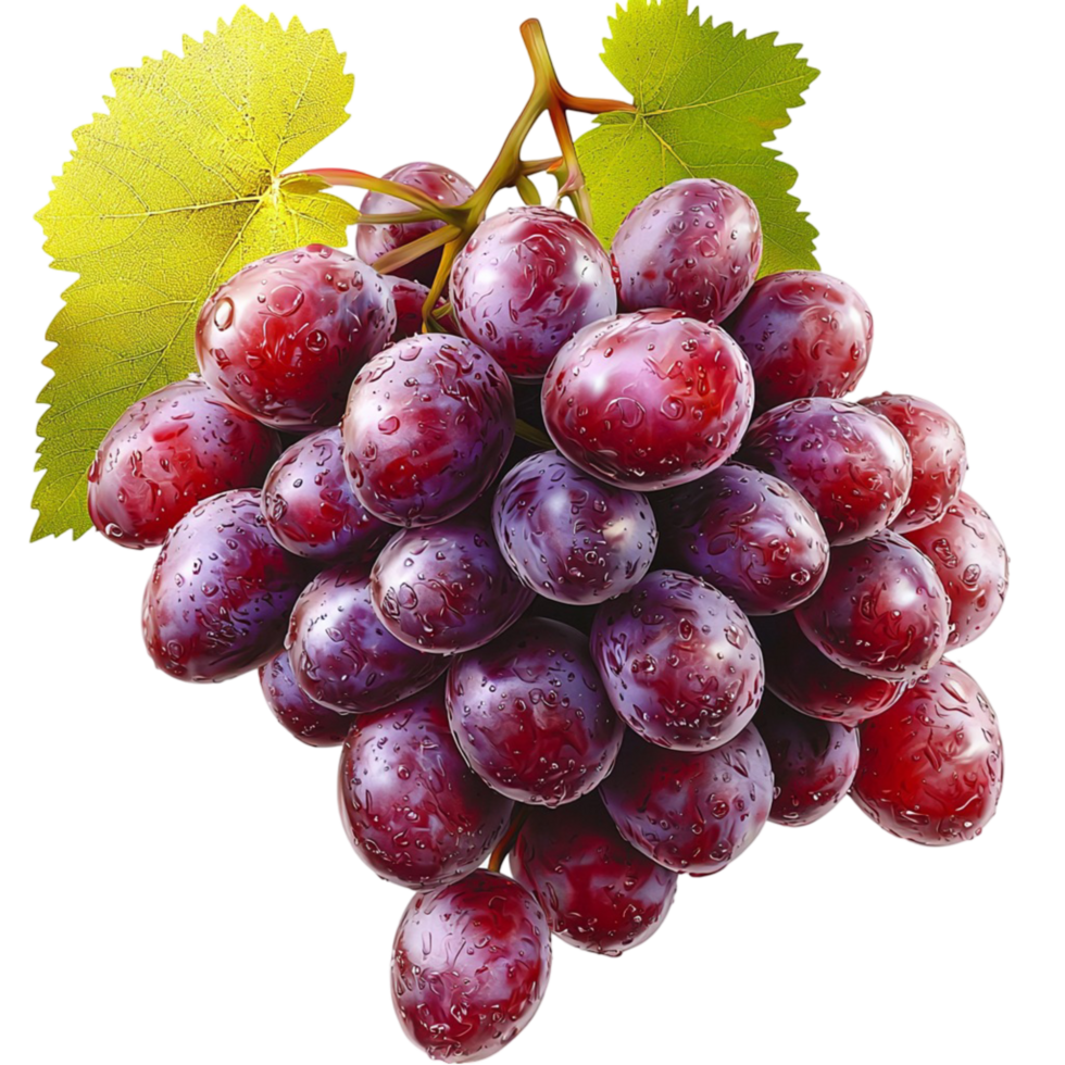 Fresh purple grapes hanging from a green stem with a realistic glossy texture and natural shadows png