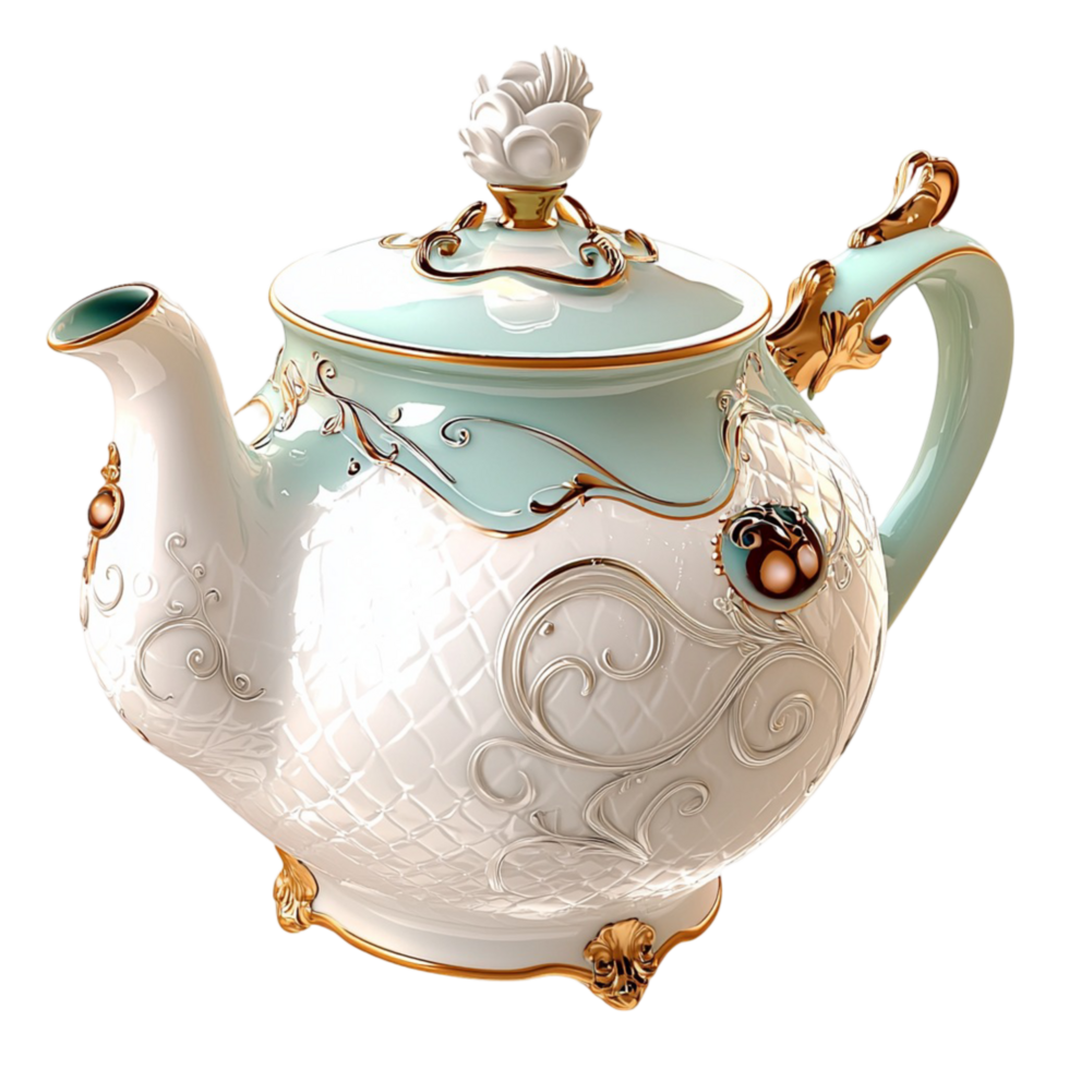 Beautiful porcelain teapot with gold detailing and floral patterns exuding vintage charm and timeless beauty png
