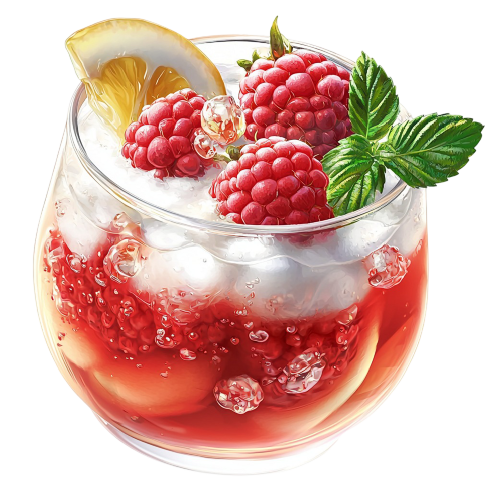 Delicious red raspberry beverage with fresh berries floating on top looking sweet and irresistibly refreshing png
