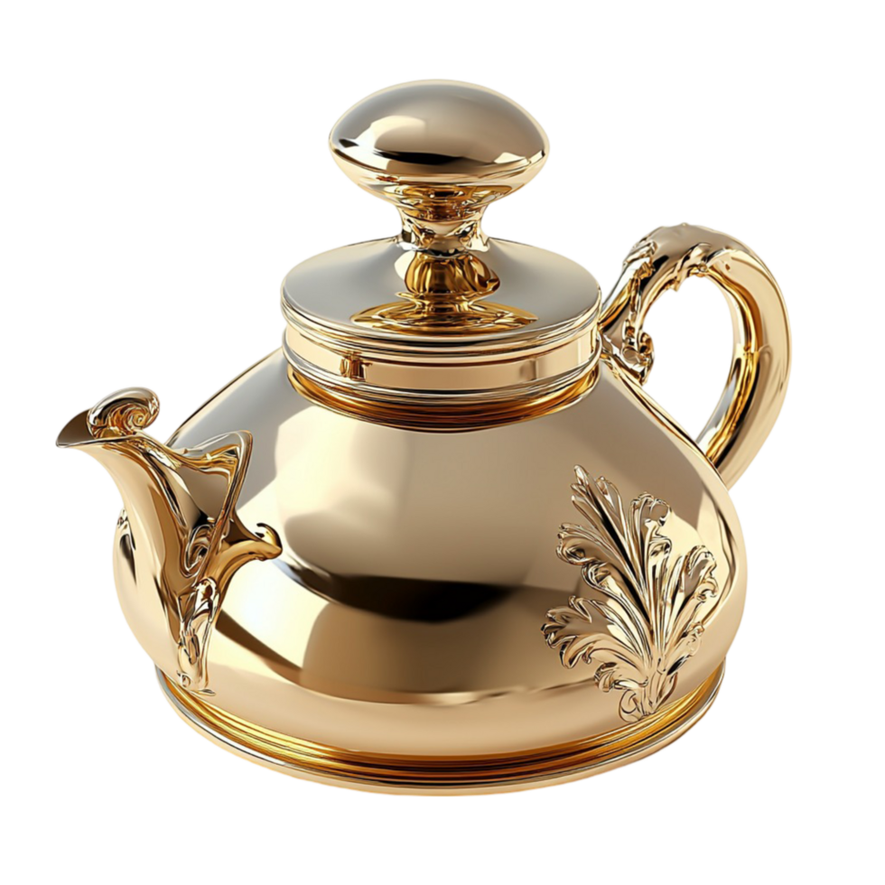 Antique golden teapot with an intricate design radiating warmth elegance and traditional teadrinking charm png