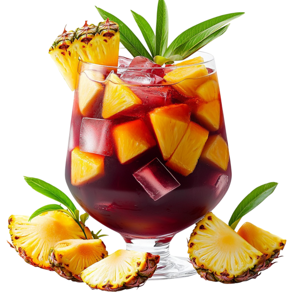 Tropical fruit cocktail with pineapple slices ice cubes served in a stylish glass png