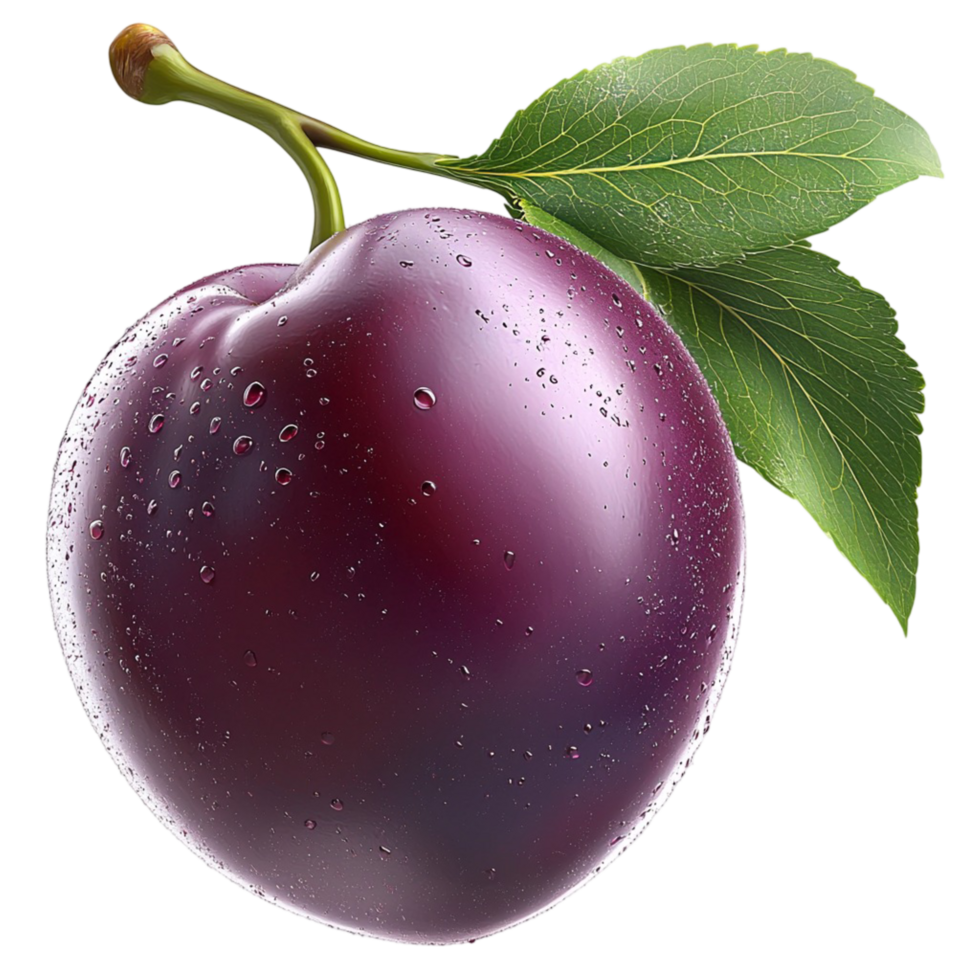 Freshly picked dark purple plum with green leaves glistening under the sunlight looking juicy and delicious png