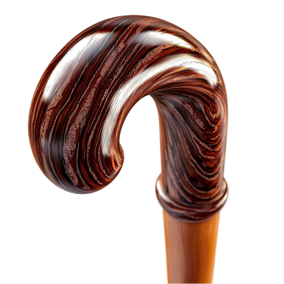 Stylish wooden cane with a curved handle designed for elegance comfort and sophisticated walking support png