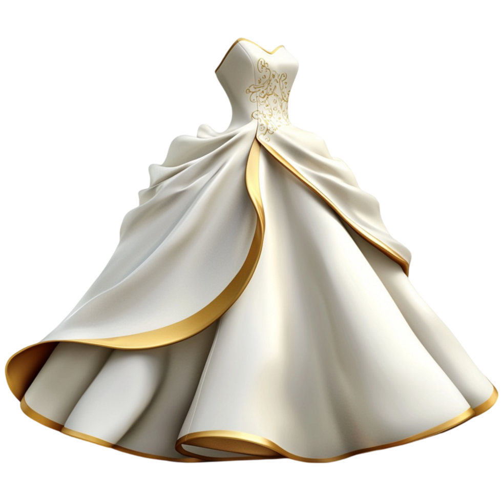 Elegant ivory ball gown with intricate golden detailing flowing gracefully with a touch of royal charm png