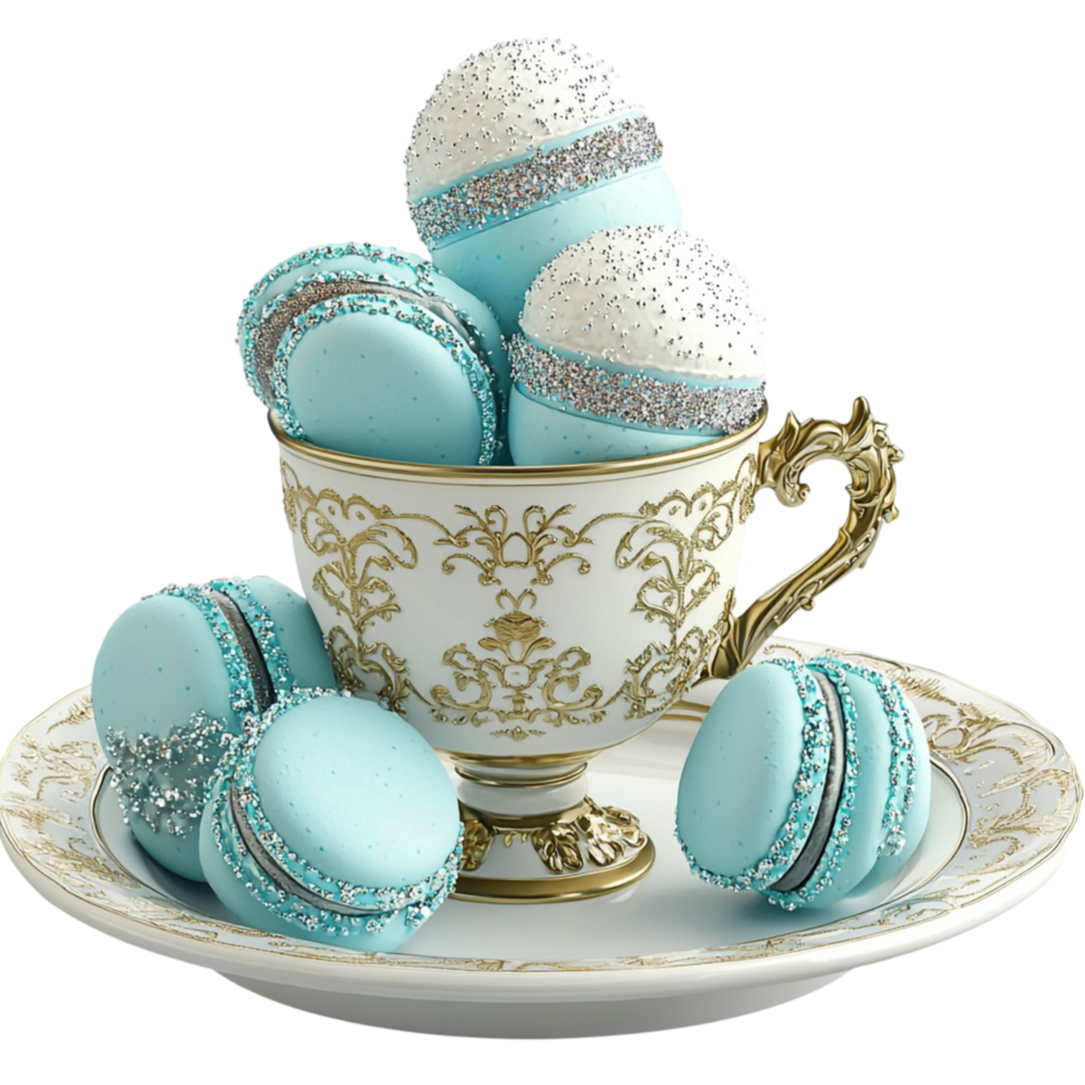 Delicate tea set with blue macarons and golden details creating a luxurious and elegant teatime experience png
