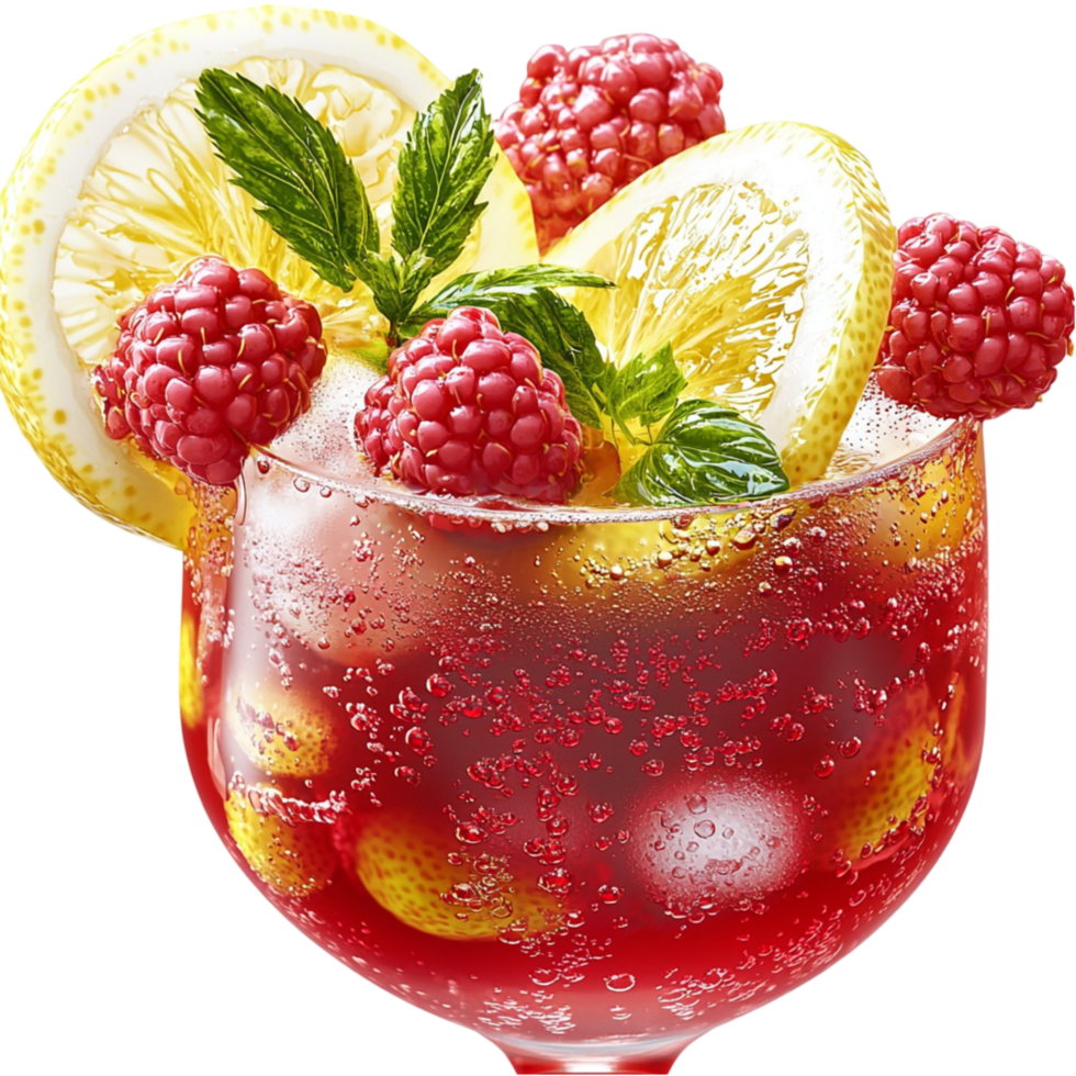 Refreshing fruit cocktail with raspberries and citrus slices served in a glass filled with ice png