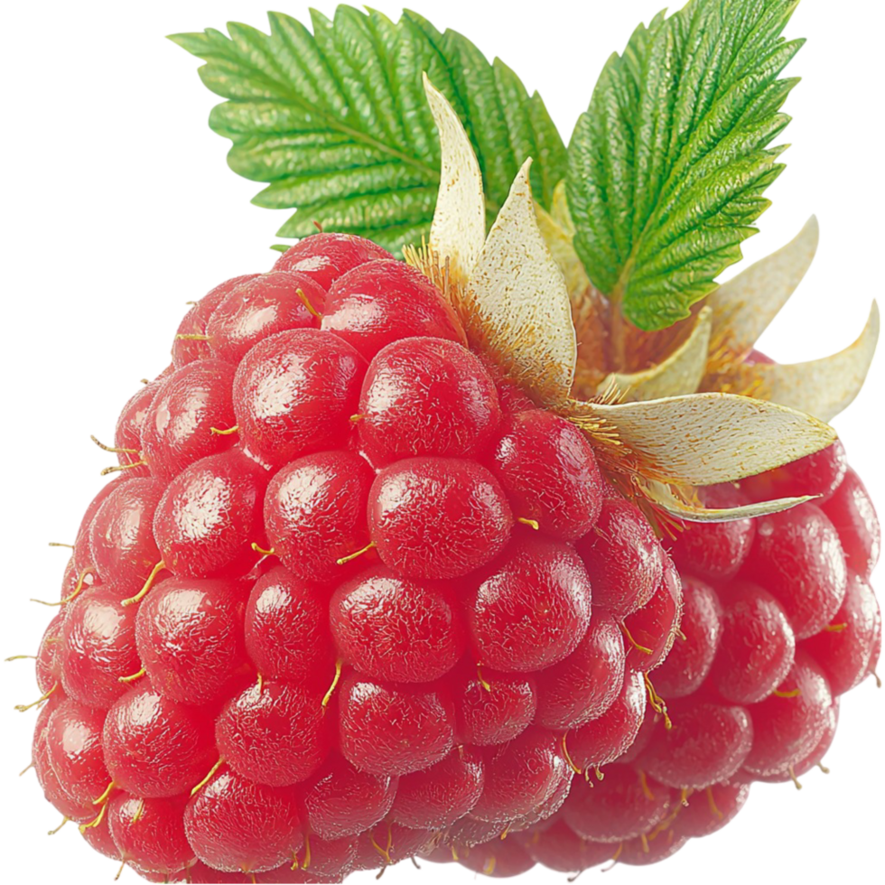 Fresh red raspberry with bright green leaves looking juicy plump and bursting with natural sweetness png