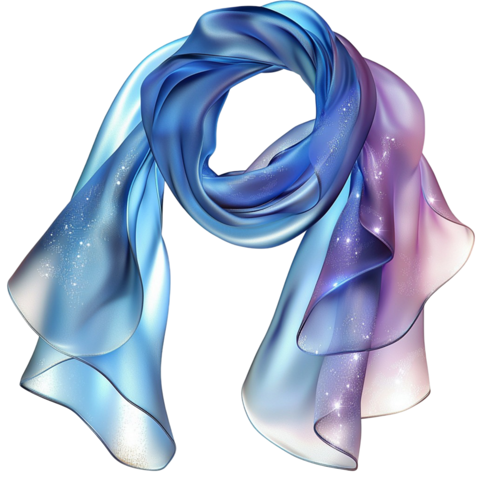 Flowing silky blue scarf with a gradient design creating a sense of movement elegance and beauty png