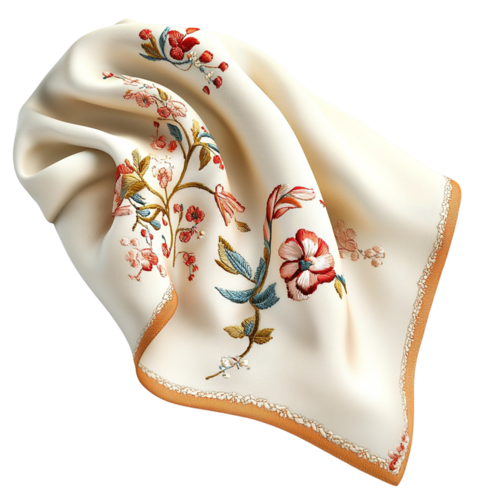 Soft embroidered silk scarf with floral patterns exuding warmth grace and exquisite timeless craftsmanship png