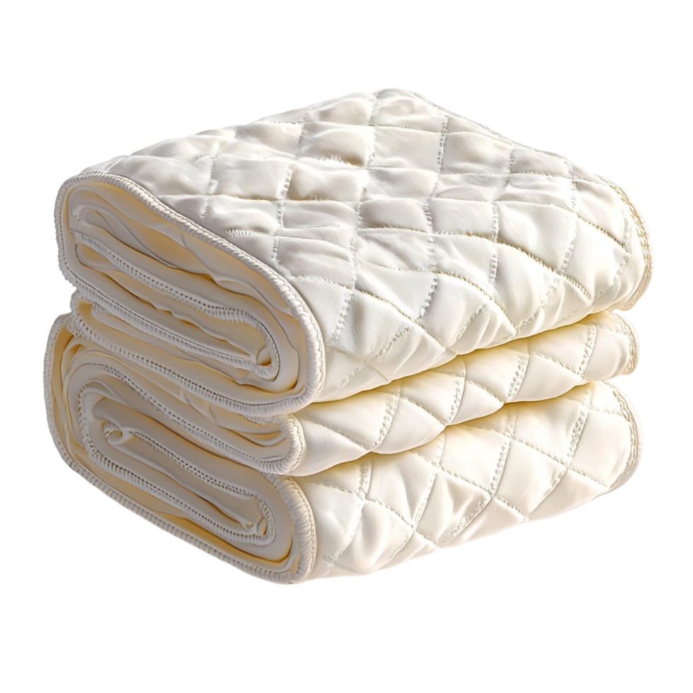 Soft luxurious white quilted blanket with golden edges offering warmth comfort and elegant bedding luxury png