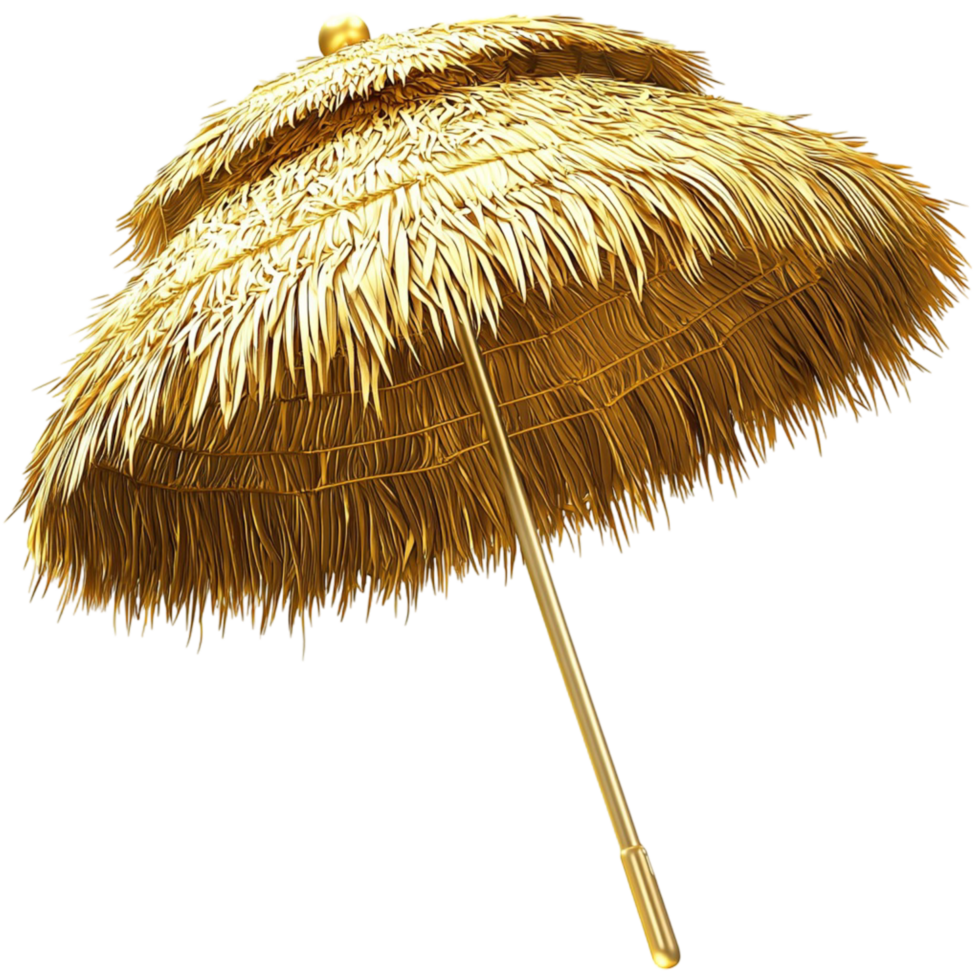 Traditional thatched straw umbrella standing on a wooden pole offering shade relaxation and tropical paradise vibes png
