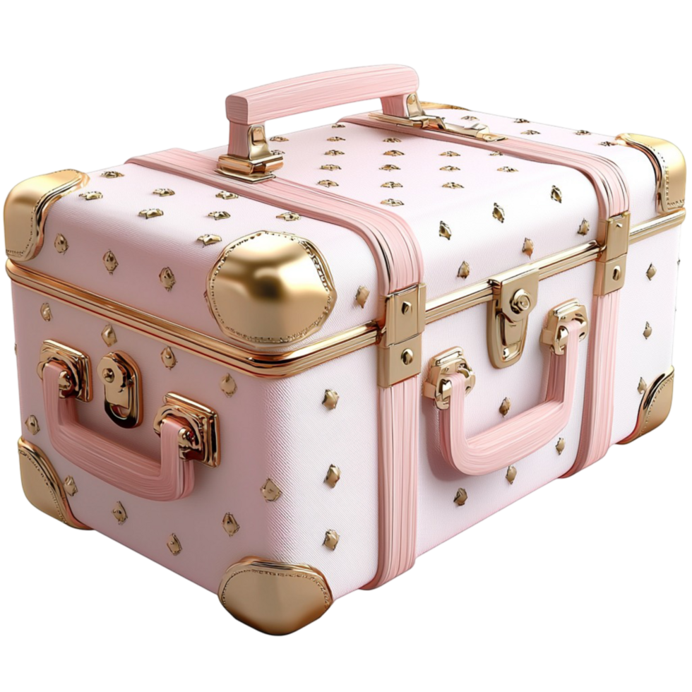 Stylish pink leather travel suitcase with golden studs designed for luxury fashion and elegant adventure png