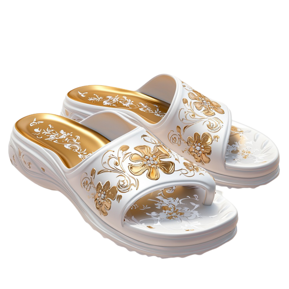 Fancy golden slippers with intricate embroidery designed for comfort luxury and royal fashionable footwear png