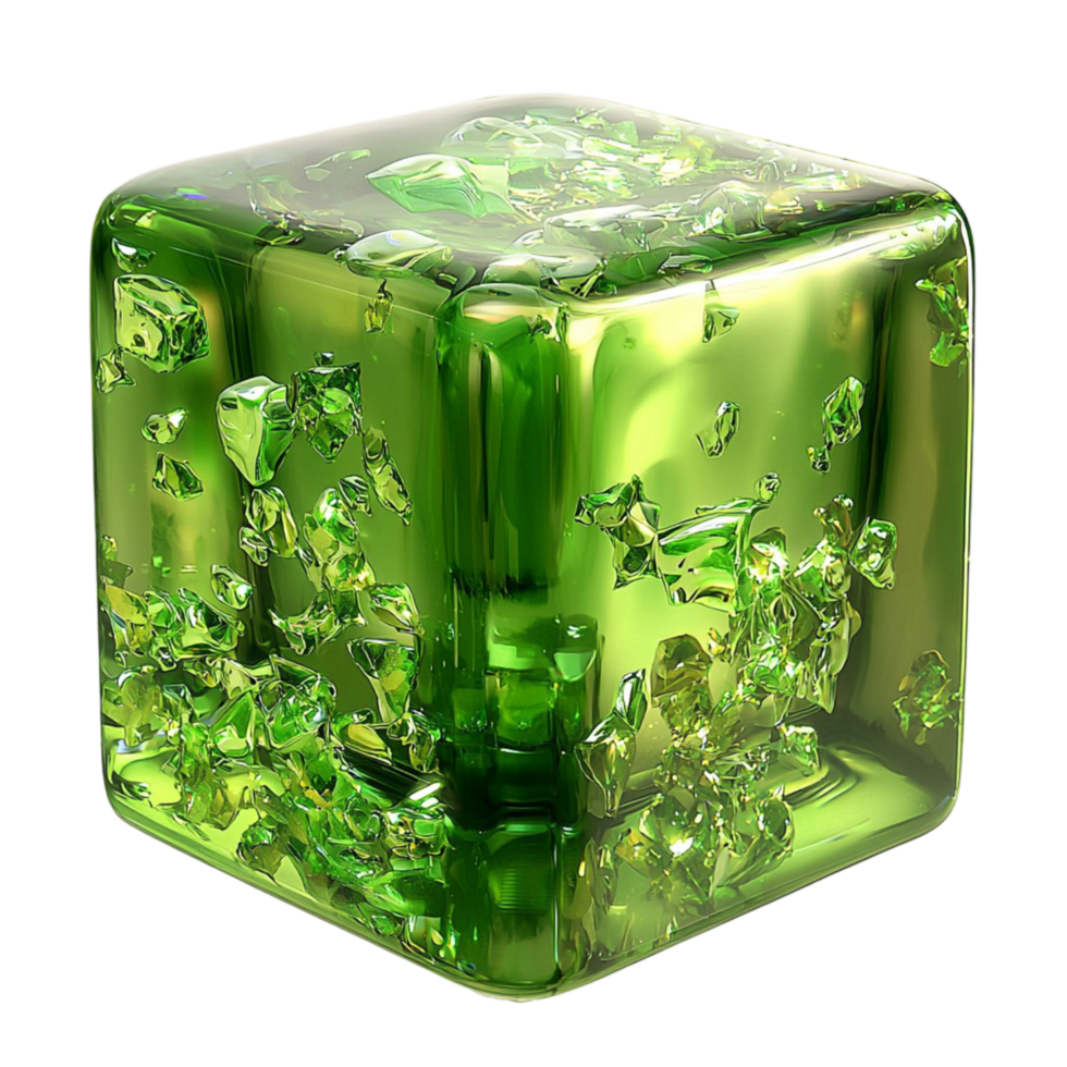 Stunning green crystal cube with mesmerizing details radiating a glowing mystical and enchanting aura png