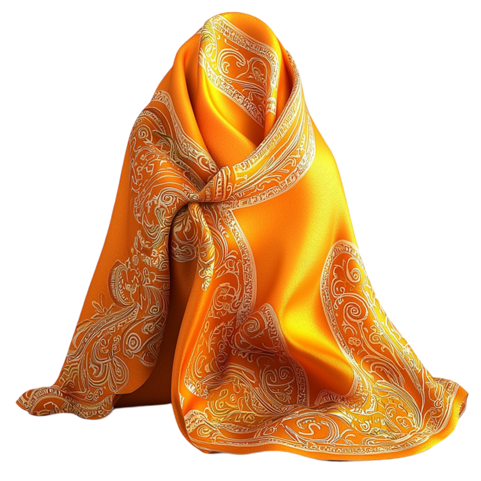 Flowing silk scarf with orange intricate patterns symbolizing warmth luxury andistic fashion expression png