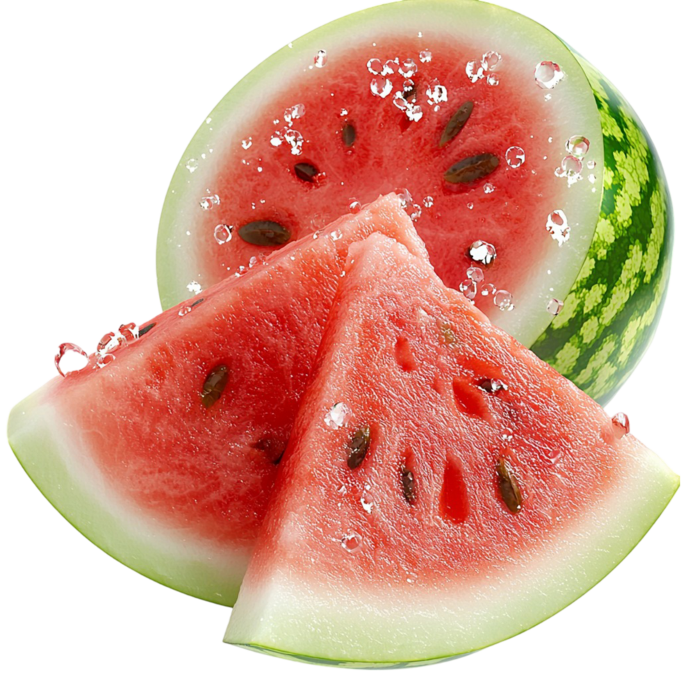Juicy sliced watermelon with vibrant red flesh symbolizing summer refreshment hydration and natural fruity sweetness png