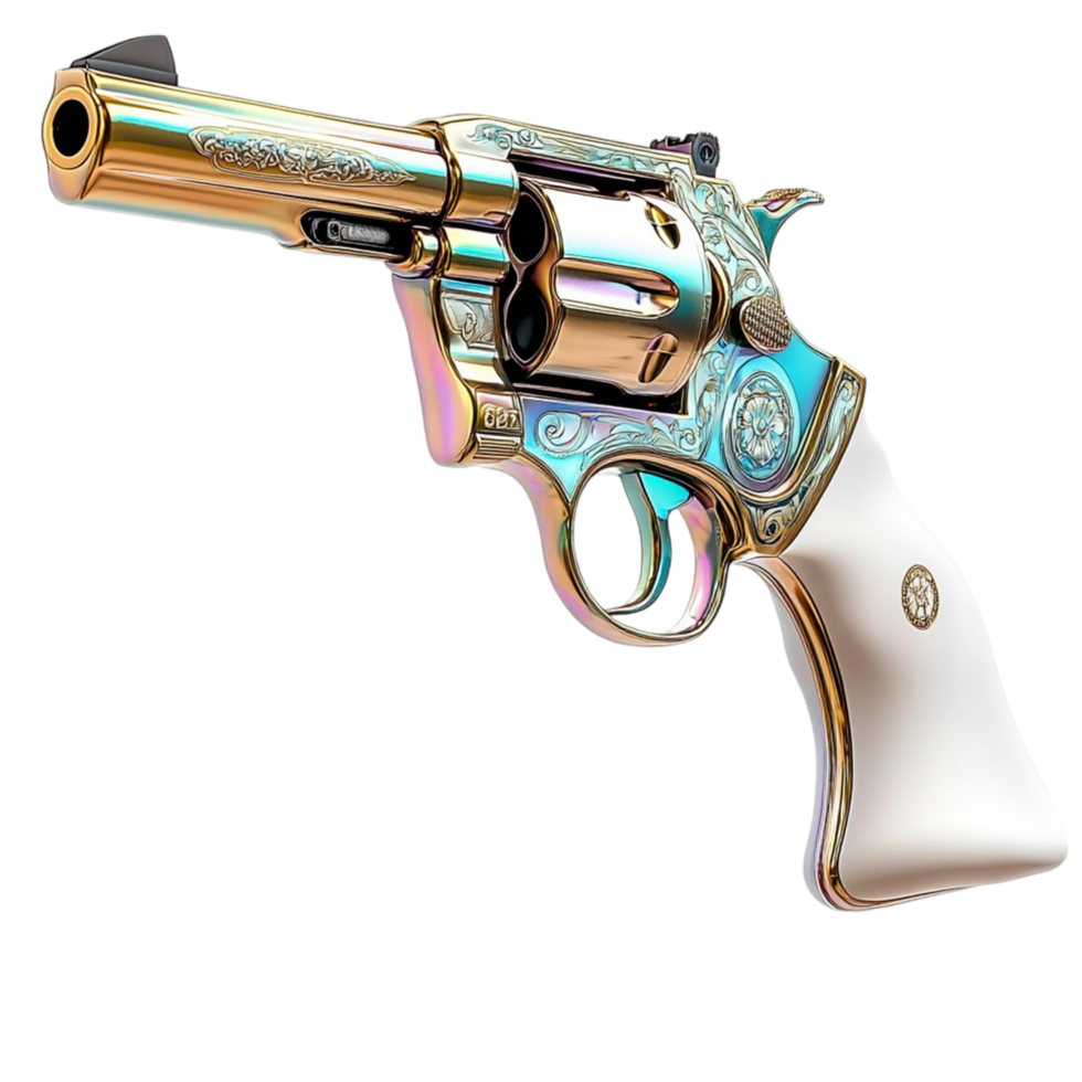Ornate vintage revolver with golden engravings symbolizing history craftsmanship power and classic Westernera firearms png