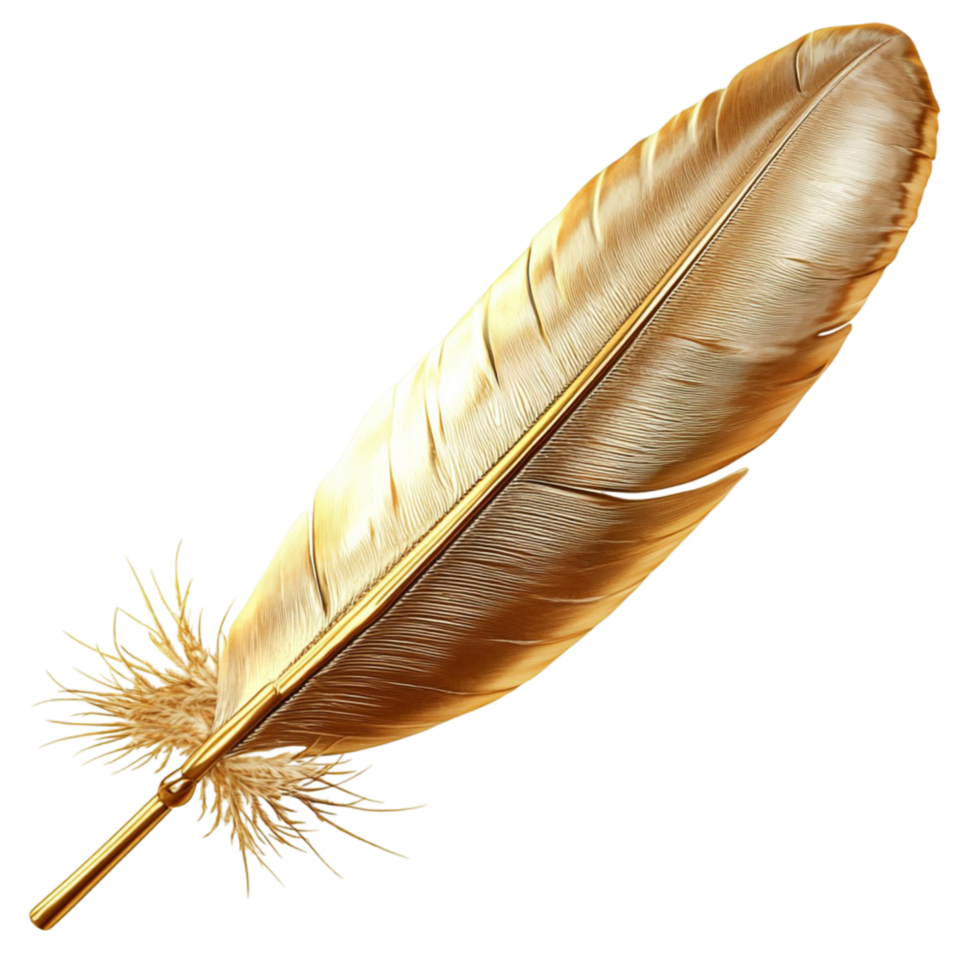 Elegant golden feather with fine details symbolizing wisdom creativity writing inspiration and delicateistic beauty png