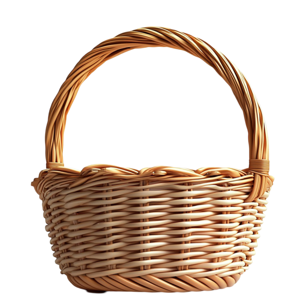 Classic woven wicker basket with a sturdy handle symbolizing rustic charm simplicity and practical countryside elegance png
