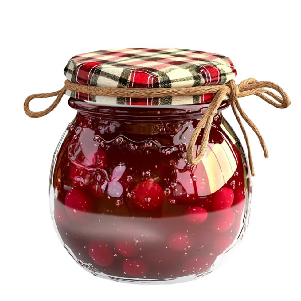 Glass jar filled with red berry jam and tied ribbon symbolizing sweetness homemade goodness and delicious fruit preserves png