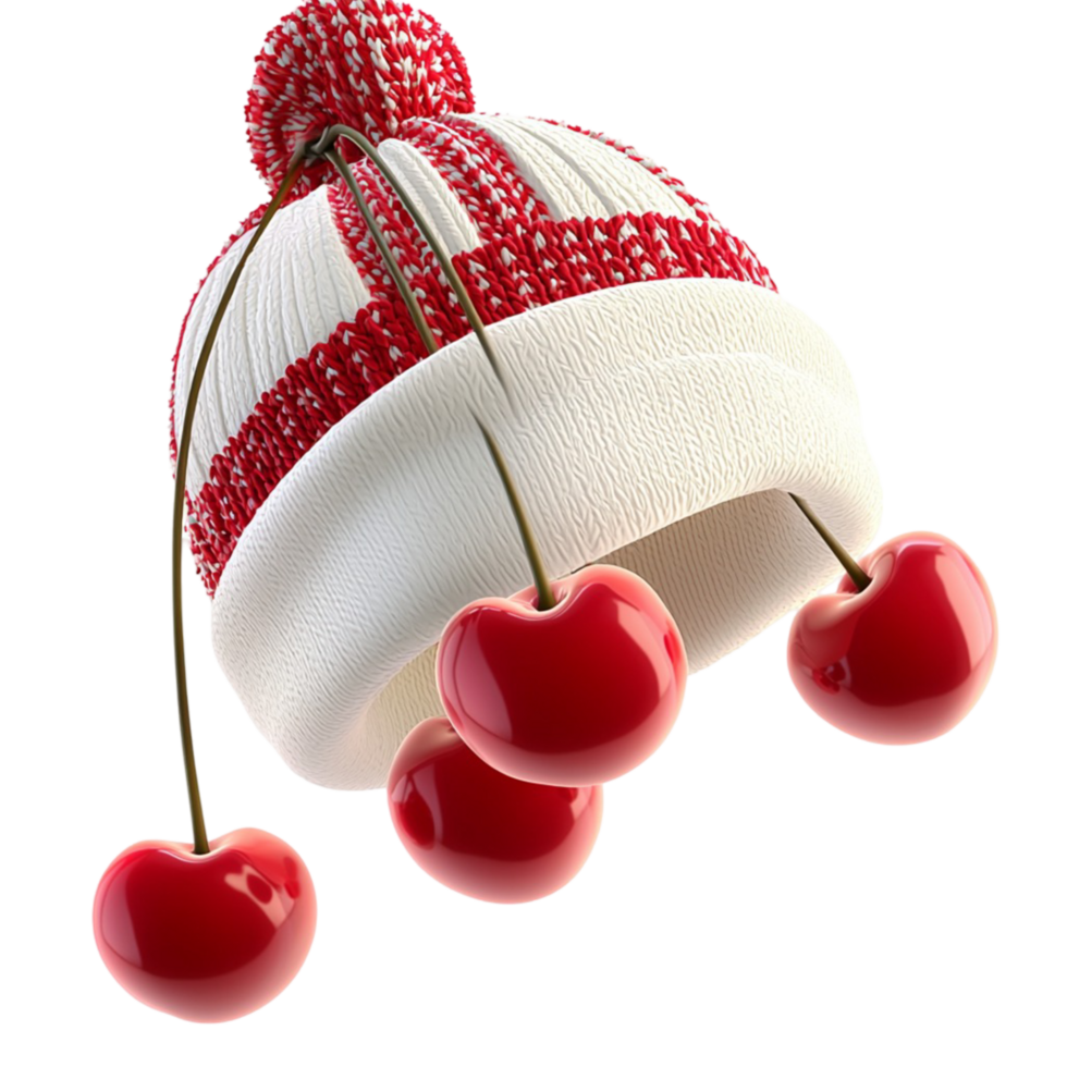 Cozy red and white winter hat with cherries symbolizing warmth fashion holiday spirit and festive winter vibes png