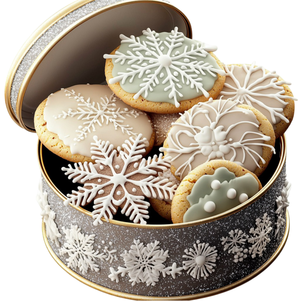 Elegant holiday cookie tin with snowflake decorations symbolizing sweetness celebration tradition and winterinspired treats png