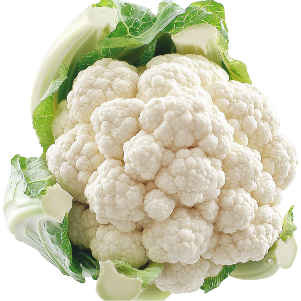 Fresh white cauliflower head with green leaves symbolizing nutrition health versatility and wholesome farmfresh vegetables png